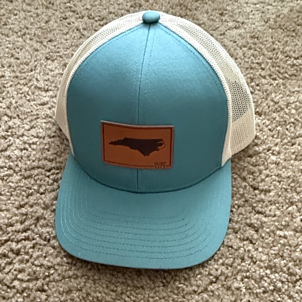 Men's Teal and White Trucker Hat with North Carolina Leather Patch